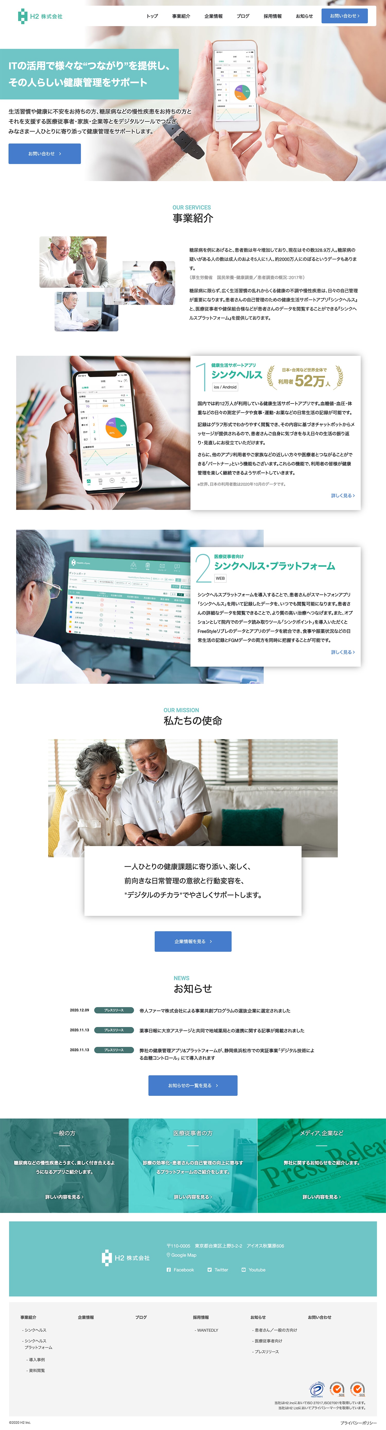 Webサイト制作を行ったシンクヘルス株式会社のトップ画面